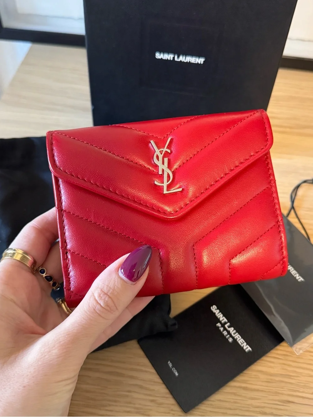 Saint Laurent Red LouLou Quilted Leather Envelope Wallet with Silver Hardware - Picture 1 of 5